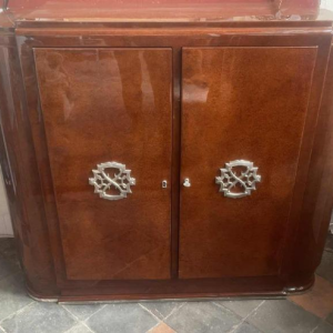 Art Deco sideboard, glossy lacquered amboyna veneer, furniture fully restored, ca 1930