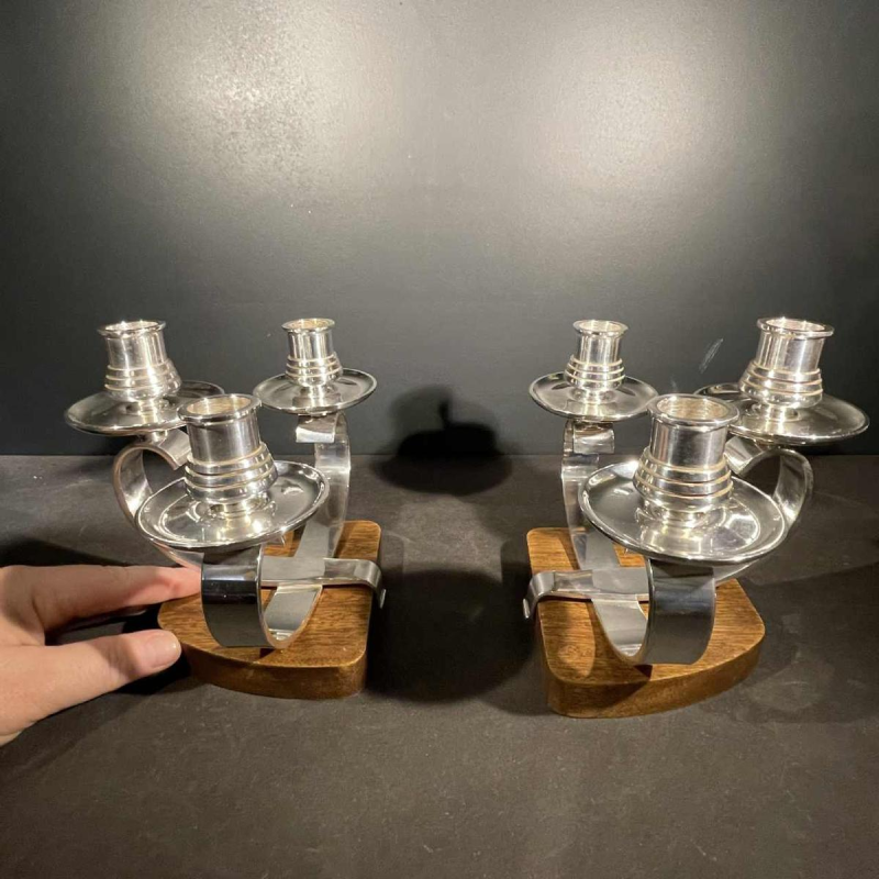 Wiskemann Zilverwerk, Paar Art Deco Kandelaars Metaal Zilver Metaal, ca 1930