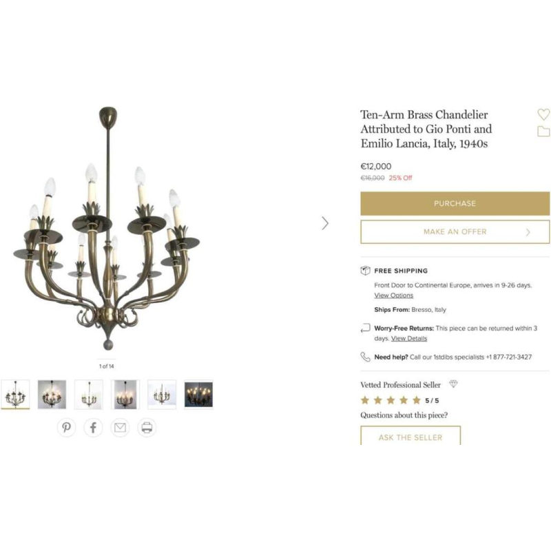 GIO PONTI voor EMILIO LANCIA (toegeschreven aan), Art Deco messing kroonluchter