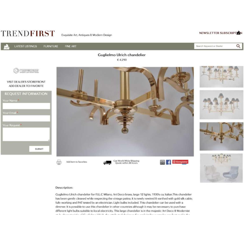 GIO PONTI for EMILIO LANCIA (Attribué à), Lustre Art Déco laiton et verre, 1930s