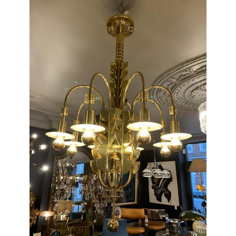 GIO PONTI for EMILIO LANCIA (Attribué à), Lustre Art Déco laiton et verre, 1930s