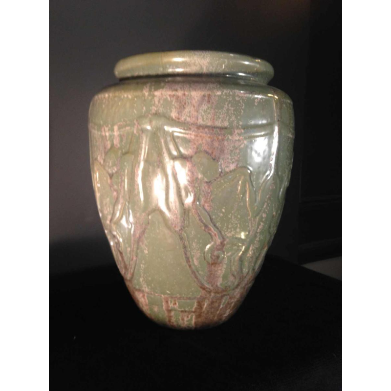 ROGER GUERIN N° 761 vase with MONKEYS stylized Art Deco, Grès de Bouffioulx 1930