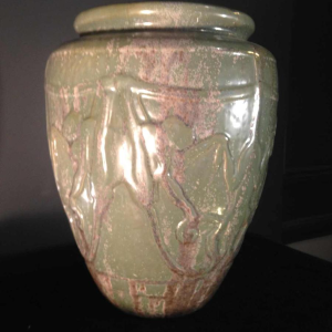 ROGER GUERIN, vase N° 761 aux SINGES stylisés Art Déco, Grès de Bouffioulx, 1930