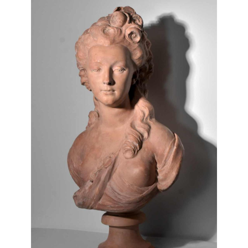 Large plaster bust with terracotta patina, after JJ Caffieri, Early 20th century