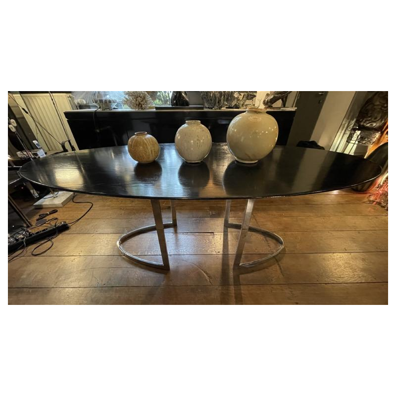 CIDUE (Italy), Table Ovale Design, Métal Chromé, Bois de Chêne Noir Ebène, 1970s