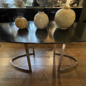 CIDUE (Italy), Design Oval Table, Chromed Metal, Black Ebony Oak Wood, 1970s