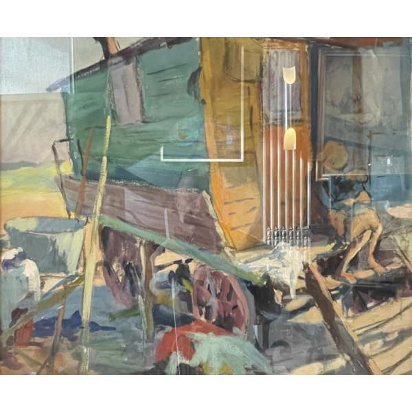 JULES VAN DE LEENE, Landschapschilderij "Zigeuner woonwagen" Gouache karton 20's