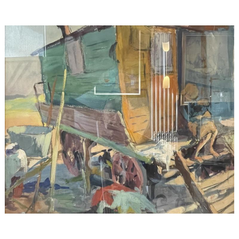 JULES VAN DE LEENE, Tableau Paysage " Roulotte gitans " Gouache sur Carton 1920s