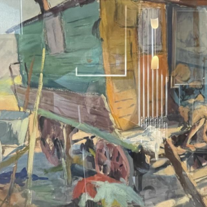 JULES VAN DE LEENE, Tableau Paysage " Roulotte gitans " Gouache sur Carton 1920s