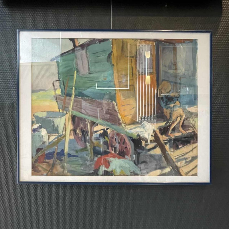 JULES VAN DE LEENE, Landscape Painting "Gypsy Caravan" Gouache on Cardboard 1920