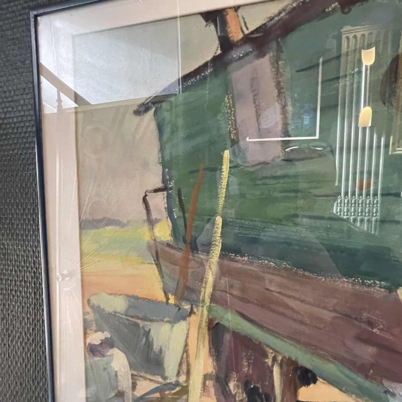 JULES VAN DE LEENE, Landscape Painting "Gypsy Caravan" Gouache on Cardboard 1920