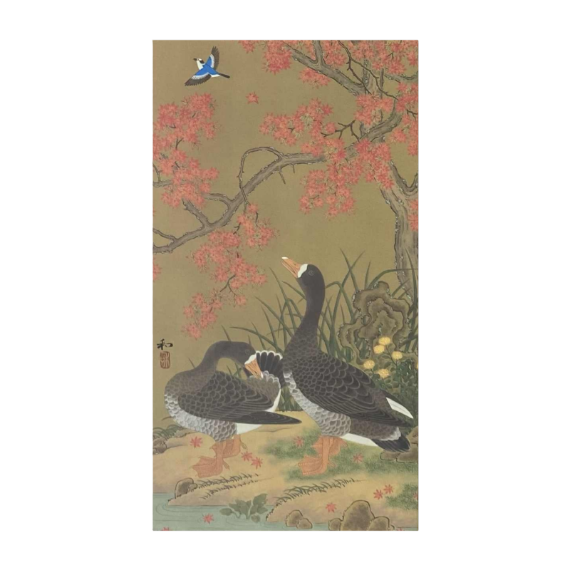 Kazuro Tozuka "Le Jardin des Oies Sauvages" peinture sur soie, Japon XXe s
