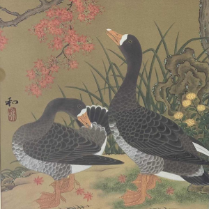 Kazuro Tozuka "Le Jardin des Oies Sauvages" peinture sur soie, Japon XXe s