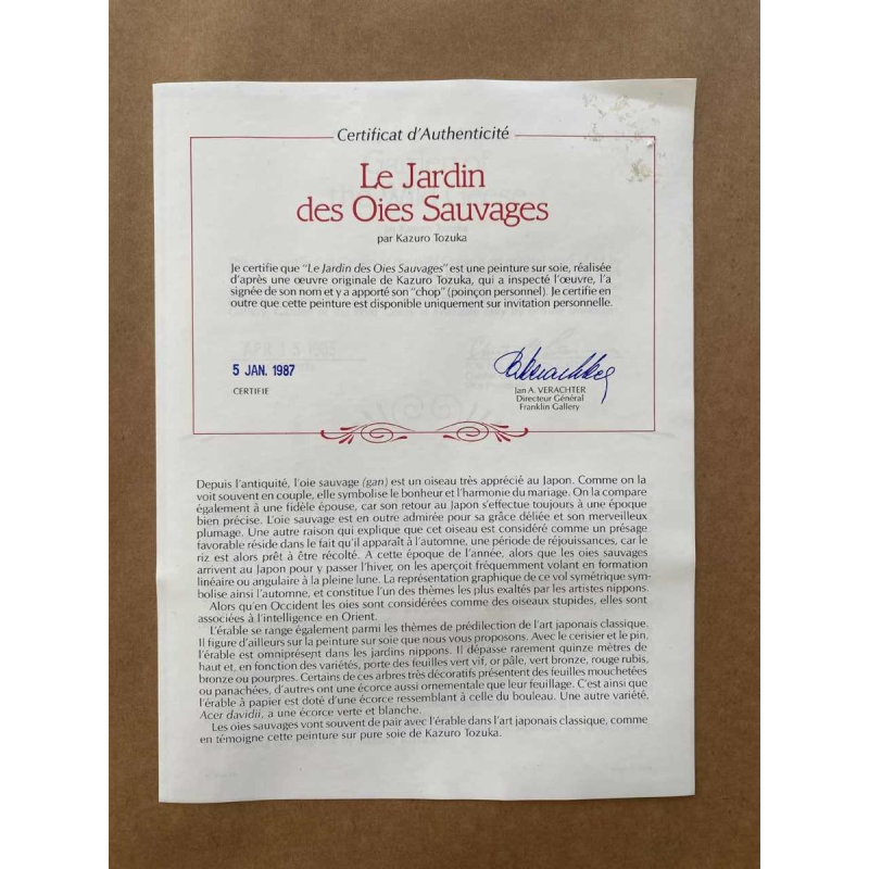 Kazuro Tozuka "De tuin van de wilde ganzen", schilderij op zijde, Japan 20e eeuw