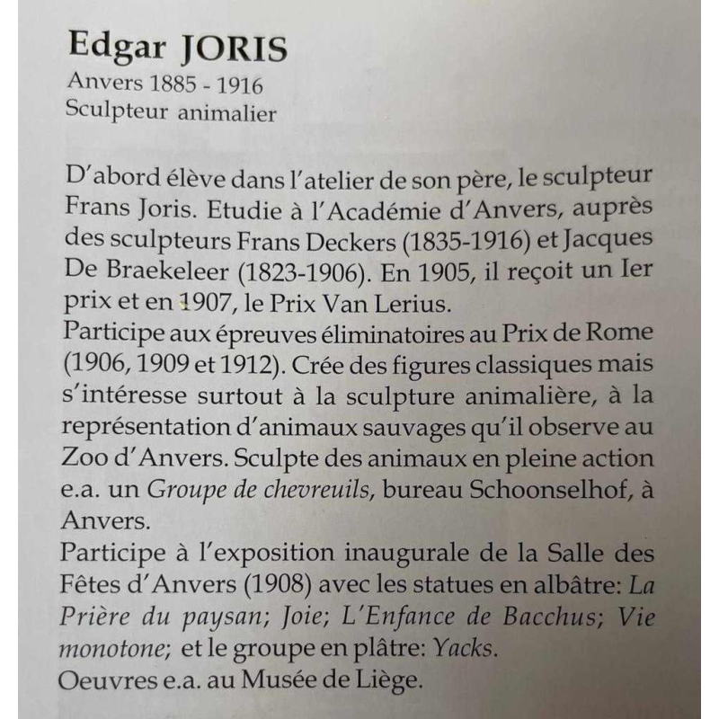 Bronzen sculptuur, dierengroep. Gesigneerd en gedateerd: Edg. Joris 1911