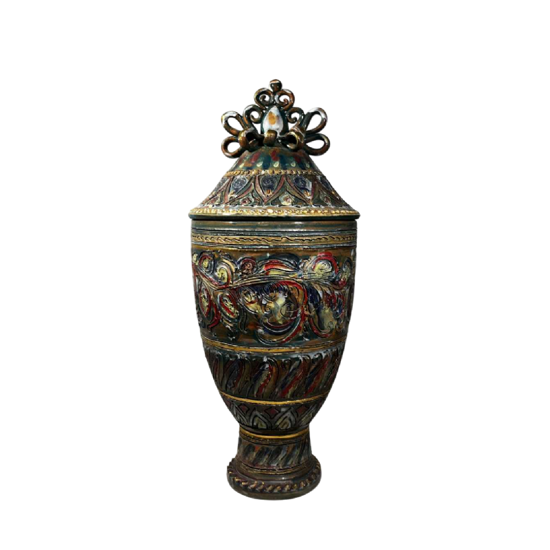 Louis Waem pour Maîtrise de Nimy, vase couvert en céramique polychrome, 1940s
