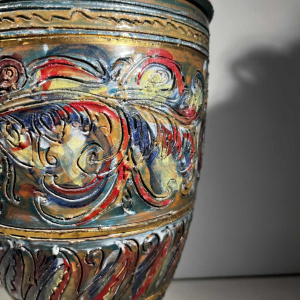 Louis Waem pour Maîtrise de Nimy, vase couvert en céramique polychrome, 1940s