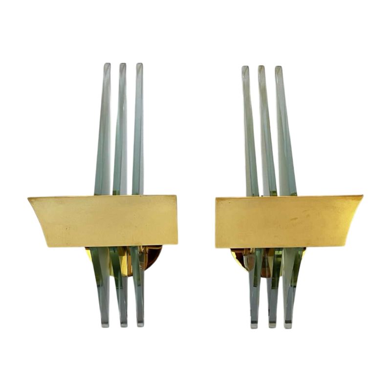 Pair of Hollywood Regency wall lights sconces, gilded brass bases & reflectors, thick glass panels, ca 1970