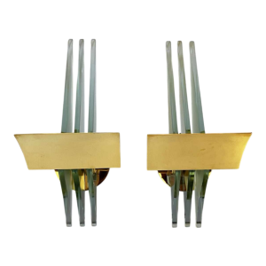 Pair of Hollywood Regency wall lights sconces, gilded brass bases & reflectors, thick glass panels, ca 1970