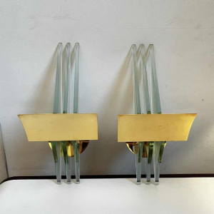Pair of Hollywood Regency wall lights sconces, gilded brass bases & reflectors, thick glass panels, ca 1970