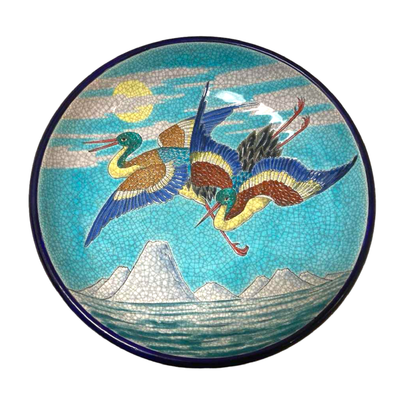 Plat Longwy émaillé cloisonné à décor d'échassiers, céramique