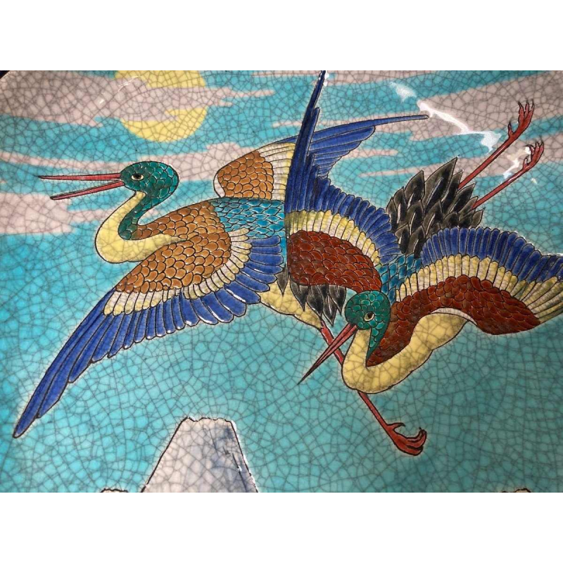 Cloisonné geëmailleerde Longwy schaal met waadvogels, keramiek