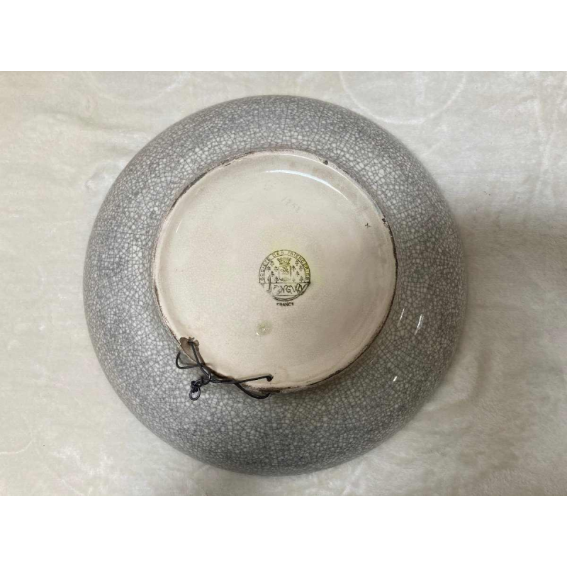 Cloisonné geëmailleerde Longwy schaal met waadvogels, keramiek