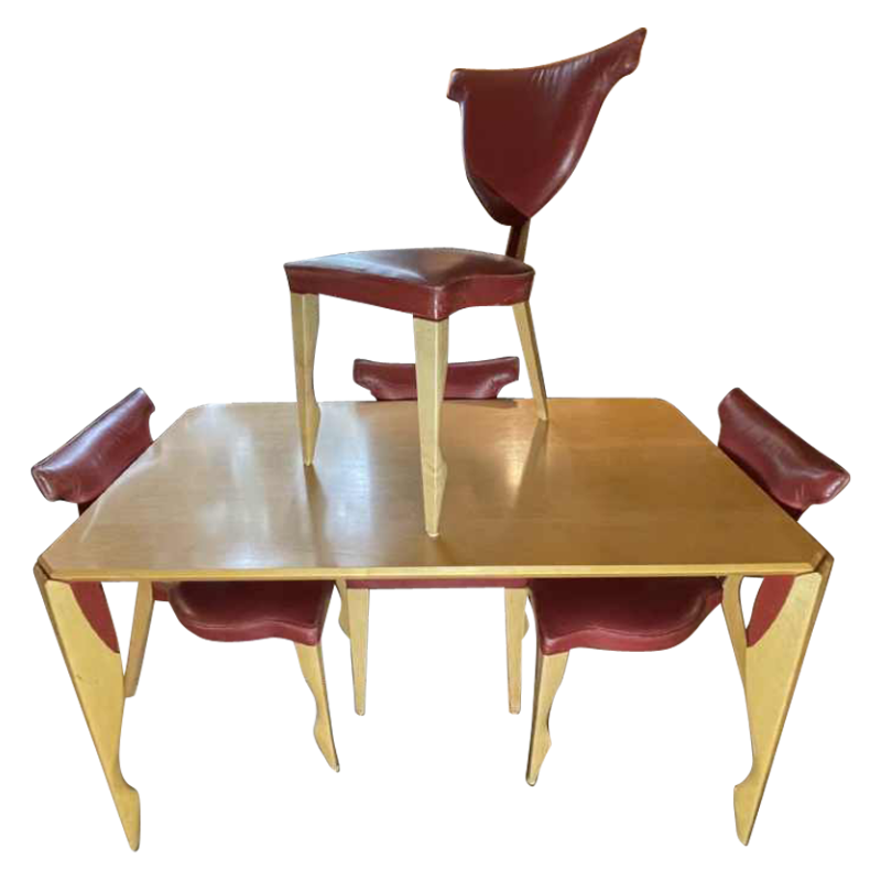 DICK EVERS pour LEOLUX, Ensemble Table ' Xingu ' & 4 Chaises ' Giselle ',1993