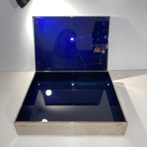 Giacomo Sinopoli for Liwan's, modernist storage/jewelry box, steel & blue glass, 1970s
