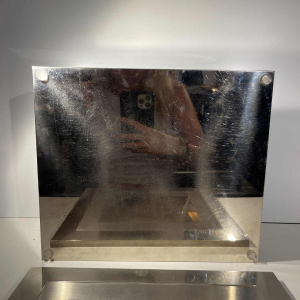 Giacomo Sinopoli pour Liwan's, boîte de rangement / à bijoux moderniste, acier & verre bleu 1970s