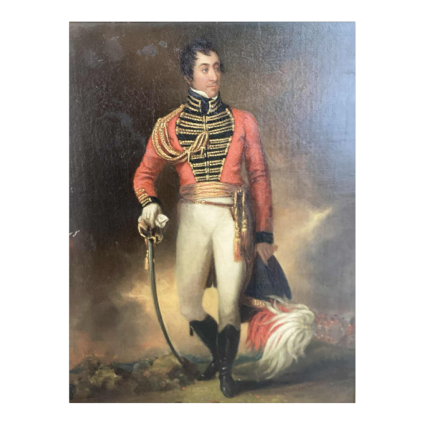 École britannique 'Portrait d'un officier' uniforme, coiffe à plumes et épée, tableau huile sur toile, début XIXe s