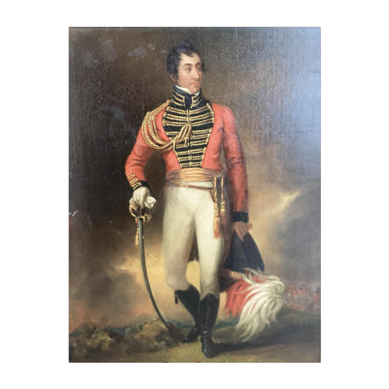 École britannique 'Portrait d'un officier' uniforme, coiffe à plumes et épée, tableau huile sur toile, début XIXe s
