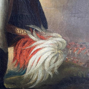 École britannique 'Portrait d'un officier' uniforme, coiffe à plumes et épée, tableau huile sur toile, début XIXe s
