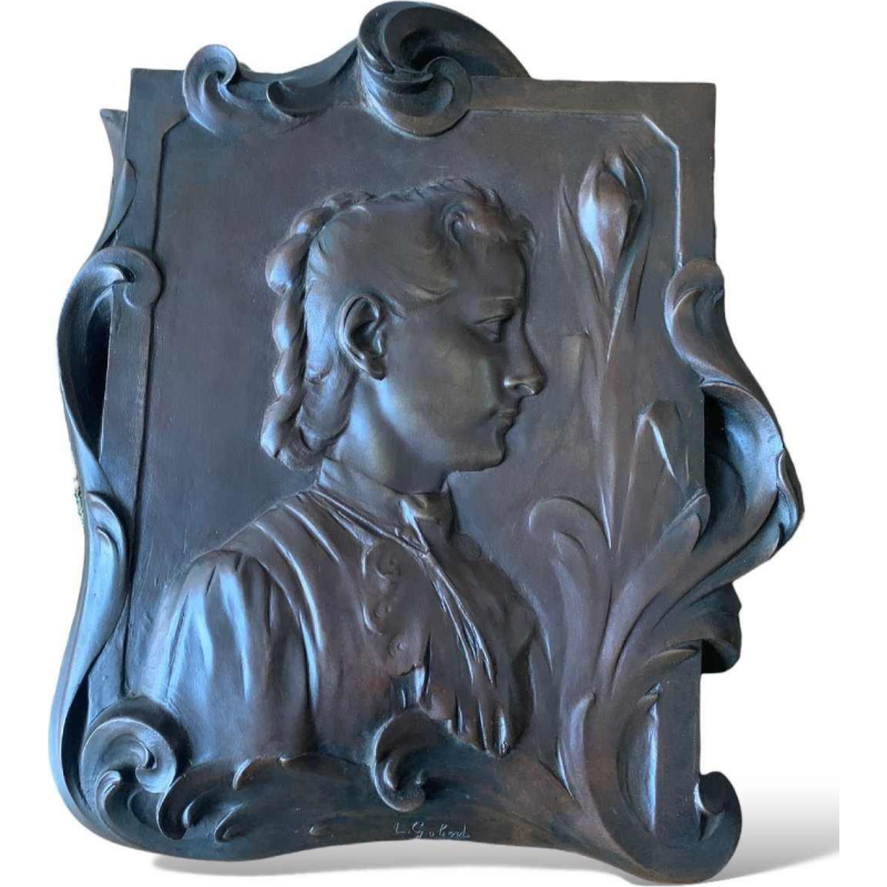L. Gobert "Portrait of a young woman" bronze bas-relief sculpture Art Nouveau