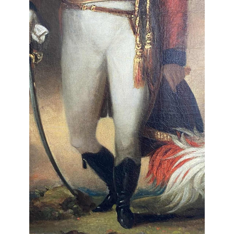 Britse school 'Portret van een officier' uniform, gevederde hoofdtooi en zwaard, olieverf op doek, vroeg 19de eeuw