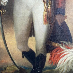 British school Portrait of an officer uniform, feathered headdress and sword, oil on canvas, early 19th c