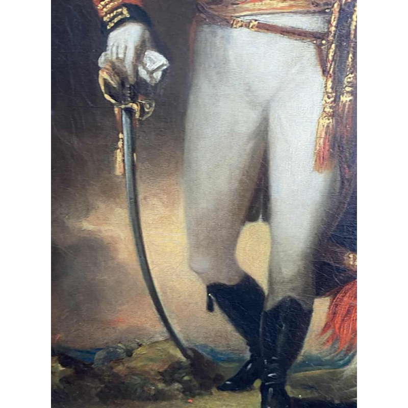 Britse school 'Portret van een officier' uniform, gevederde hoofdtooi en zwaard, olieverf op doek, vroeg 19de eeuw