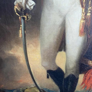 British school Portrait of an officer uniform, feathered headdress and sword, oil on canvas, early 19th c