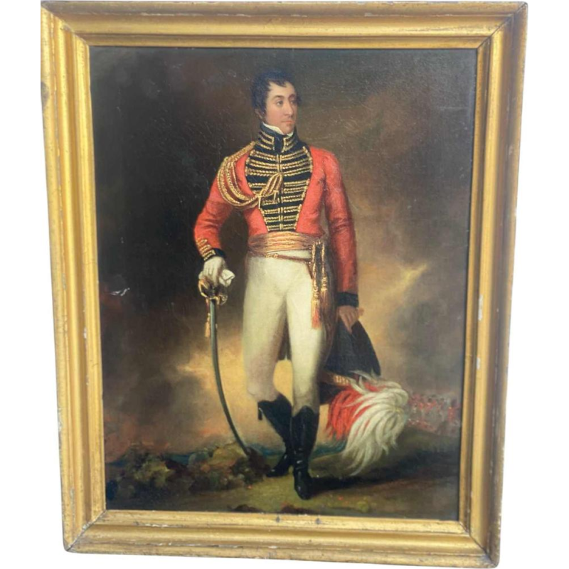 École britannique 'Portrait d'un officier' uniforme, coiffe à plumes et épée, tableau huile sur toile, début XIXe s