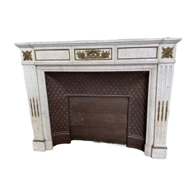 Louis XVI mantel, white marble and bronzes, 19th century
