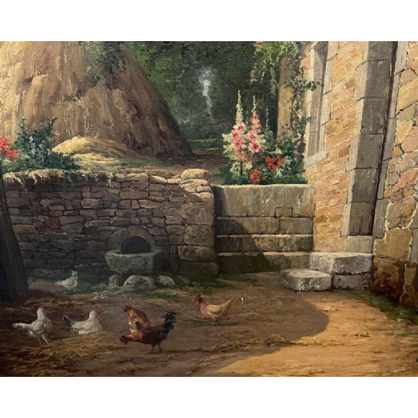 MAX CARLIER " Cour de Ferme, Basse-Cour " Tableau Peinture Huile sur toile, 1910