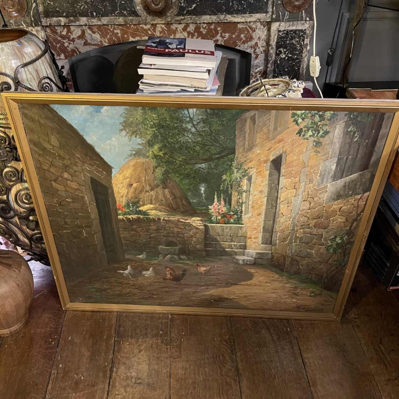 MAX CARLIER " Cour de Ferme, Basse-Cour " Tableau Peinture Huile sur toile, 1910