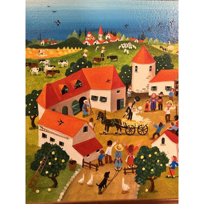 Marie-Louise BATARDY « Le mariage à la campagne » peinture acrylique sur panneau