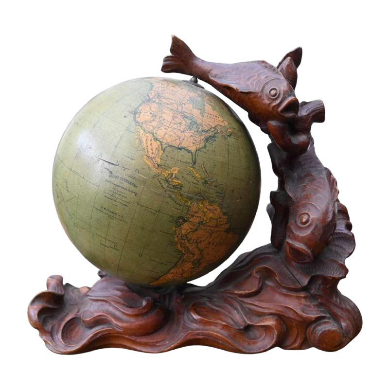 " G.b. Paravia & C " globe terrestre italien, statue sculpture en bois sculpté, 1946