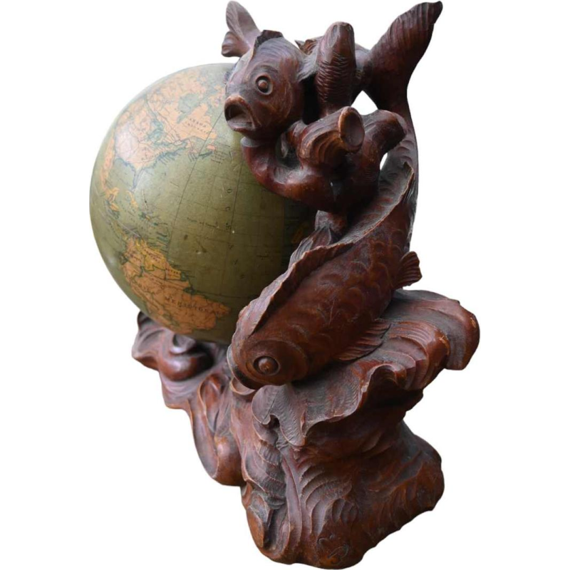 " G.b. Paravia & C " globe terrestre italien, statue sculpture en bois sculpté, 1946
