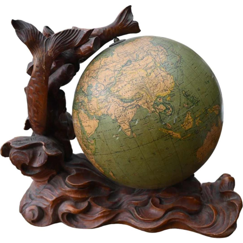 " G.b. Paravia & C " globe terrestre italien, statue sculpture en bois sculpté, 1946