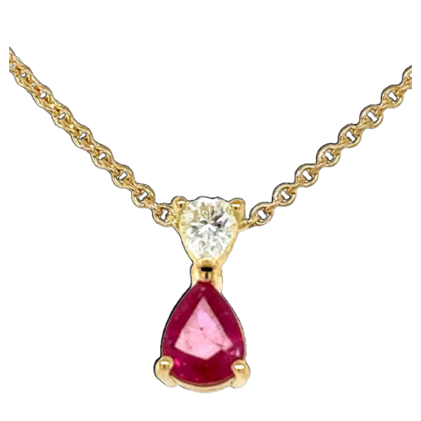 Pear-shaped pendant in yellow gold with rubies and sparkling diamonds