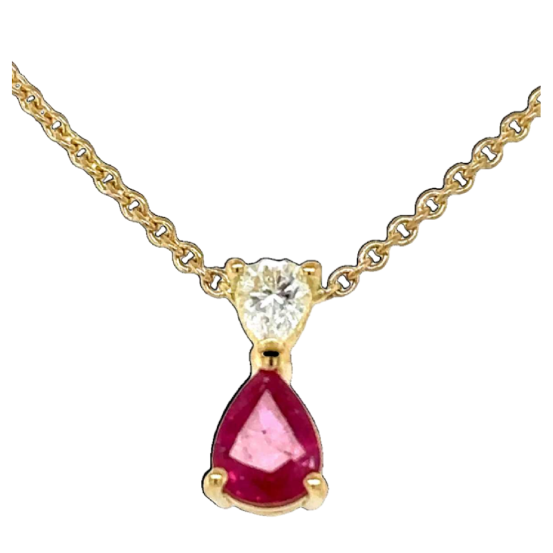 Peervormige hanger in geel goud met robijnen en fonkelende diamanten