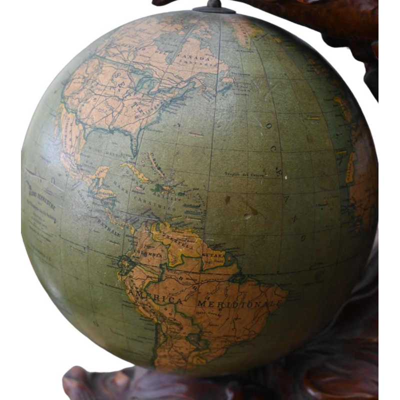 " G.b. Paravia & C " globe terrestre italien, statue sculpture en bois sculpté, 1946