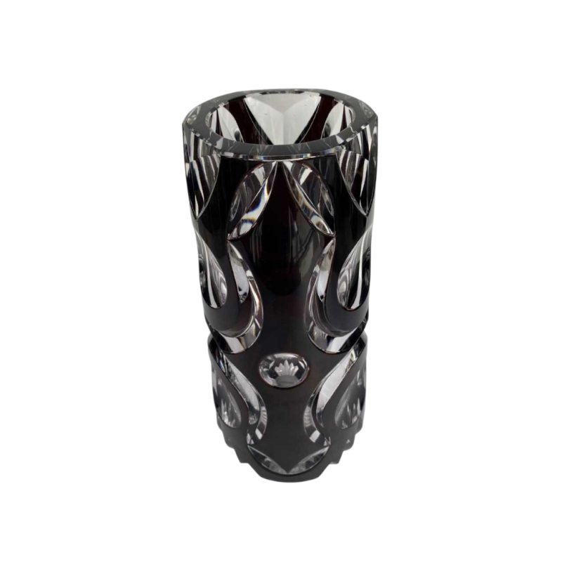 Val Saint Lambert, met pruimen beklede Art Deco kristallen vaas, genummerd en gesigneerd, 1925